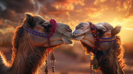 Two colorful camels kissing in the style love, Eid ul adha, Eid al adha - obrazy, fototapety, plakaty