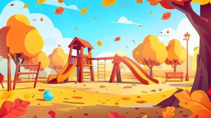 Fall kindergarten outdoor equipment for playtime with sandbox, ball, seesaw, swing and slide. Kids play in autumn playground in park modern background.
