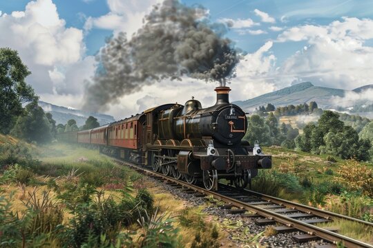 Antique steam trains passing through the countryside