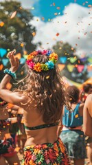 A vibrant festival scene: people dancing, wearing colorful outfits and flower crowns, enjoying food and music under a sunny sky