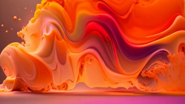 Flowing light apricot crush smoke with splashes. Soft fluid banner, spring female mood, 3D effect, modern macro realistic abstract background illustration, ink in water effect.