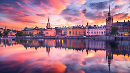 Beautiful cityscape at sunset in Old Town of Stockholm