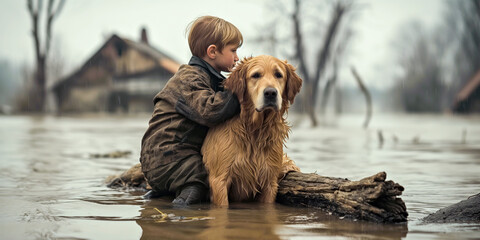 A young boy and his canine companion sit adrift on a log in a flood, their shared gaze a quiet testament to the hope of rescue - 792869351