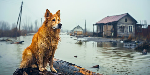 A lone dog stands resolutely on a log against the backdrop of a flood, its stance belying a serene calm as it awaits rescue - 792869353