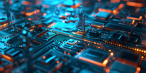 Closeup of smart city on electronic circuit board technology background, Futuristic cyberspace concept - obrazy, fototapety, plakaty