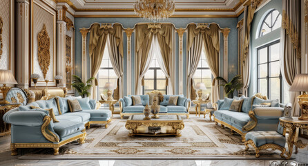 Obraz premium interior design of a modern luxury living room in an Arabic style with a golden and blue color theme, a gold chandelier, cream white curtains, a light grey marble floor, wooden furniture