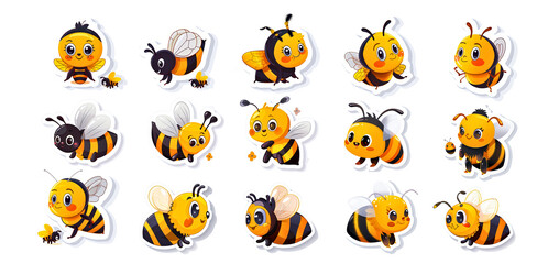 Set of honey bee stickers with different emotions and positions on a white background. Collection for World Honey Bee Day.