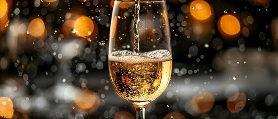 Pouring Champagne into a wine glass with a knife and bubbles. Concept Celebration, Champagne, Wine Glass, Knife, Bubbles - obrazy, fototapety, plakaty