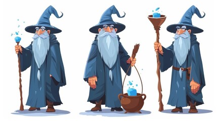 Obraz premium This is an illustration of an old wizard cartoon character with magic stuff. It shows a warlock wizard with a gray long beard preparing a potion in a cauldron. He is holding a broom and a fantasy