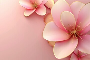 Beautiful pink and gold flowers on a soft pink background with space for text, elegant floral composition for design concepts