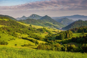 Mountain pass in Pieniny in Poland. Beautiful, dynamic and hazy sky over the mountains. Slovakia...