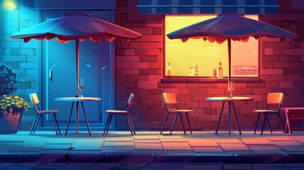Night street café with tables, chairs and silhouettes of people in bistro windows. Modern cartoon illustration of dark urban street, restaurant furniture under parasols outdoors, brick wall