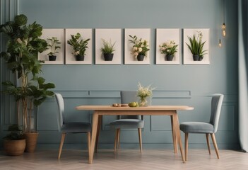 blue armchairs photo interior Real grey table flowers plants Wooden posters - obrazy, fototapety, plakaty