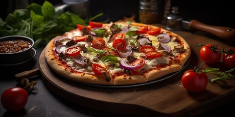 Fresh baked tasty pizza with meat and vegetables and herbs on dinner table. Meal food restaurant background scene