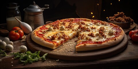 Fresh baked tasty pizza with meat and vegetables and herbs on dinner table. Meal food restaurant background scene