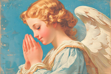 Serene Angelic Child with White Wings Praying Peacefully on Blue Background