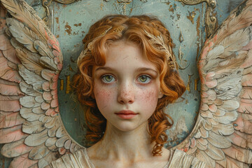 Ethereal Redheaded Angelic Girl with Vintage Wings and a Captivating Stare, Freckles Visible.