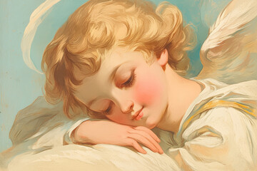 Vintage Classical Painting Depicting Serene Child in Peaceful Slumber with Subtle Colors.