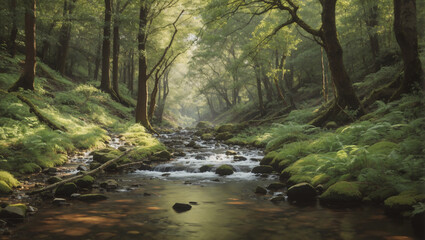 Fototapeta na wymiar A small stream winds its way through a lush green forest