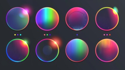 The abstract color gradient spots set is isolated on a transparent background. Modern realistic illustration of rainbow dots, light refraction effect, holographic blurred circles, vibrant design