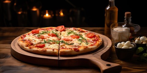 Fresh baked tasty pizza with meat and vegetables and herbs on dinner table. Meal food restaurant background scene