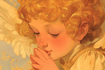 Ethereal young angel in serene prayer, golden-haired, with delicate translucent wings, embodies innocence.