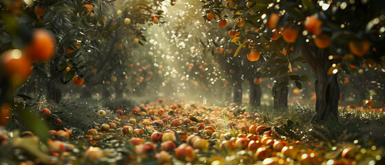apple orchard with apple fruit agriculture background - obrazy, fototapety, plakaty