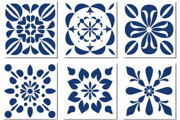 Mediterranean tile abstract geometric floral patterns in blue and white. Vector illustration