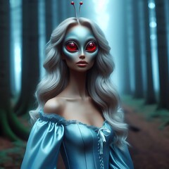 Wunderschöne anmutende Alien Frau mit Großen roten Augen steht im Wald - obrazy, fototapety, plakaty