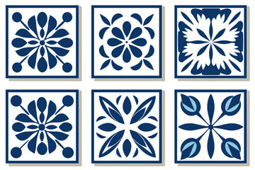 Mediterranean tile abstract geometric floral patterns in blue and white. Vector illustration