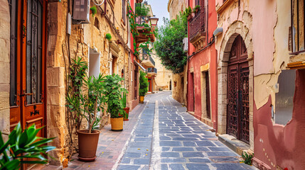 Beautiful cozy street in Chania Crete island Greece. -