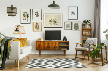 Obraz premium Photo of a modern living room with midcentury furniture, white walls adorned in the style of black and grey framed art prints on the wall above the sofa, a vintage wooden cabinet near the TV setup