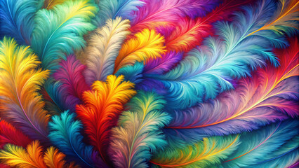 A background filled with vibrantly colored feathers in a swirling, dreamlike pattern - obrazy, fototapety, plakaty