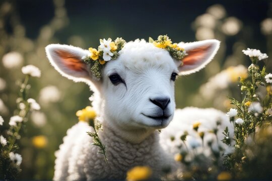 'lamb baby flower crown animal symbol easter sheep cute nature love spring white farm little young newborn happy wool grass yorkshire green countryside ear meadow pasture landscape farming small'