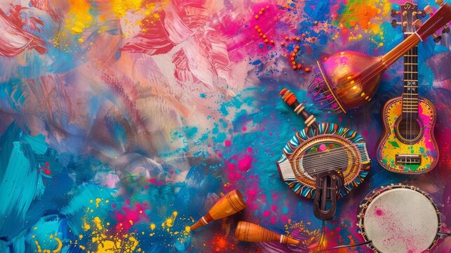 A celebration of Holi with a focus on music. Depict a hand-painted background with traditional Indian musical instruments a dhol harmonium and sitar a decorated with colorful powder.