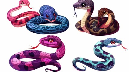 Animal baby kid image design with cute and funny cartoon snake character. Python, cobra, and viper reptiles isolated. Tropical zoology mascots. - obrazy, fototapety, plakaty