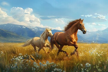A pair of horses galloped across the meadow.