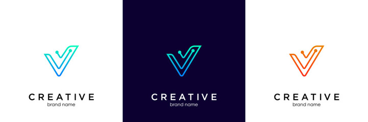 V tech Logo Design Vector . Letter V Abstract Triangle Logo blue design vector template . Triangle ribbon polygon Logotype concept icon.