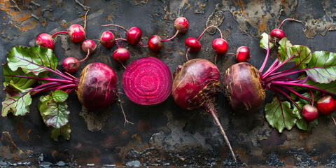 Richly colored beetroots with vibrant leaves against a dark, textured slate, evoking a sense of organic freshness and culinary appeal
