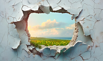 Coastal Meadow View Through Crumbled Wall. A large hole in a wall with a beautiful view of the ocean and a field of flowers