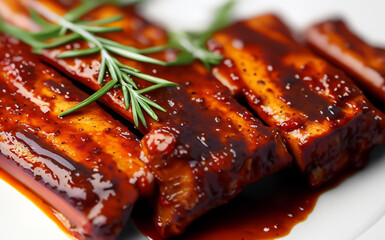 Grilled pork ribs with grill sauce, with smoke, spices and rosemary - obrazy, fototapety, plakaty