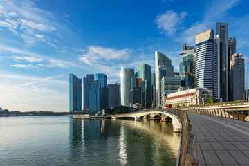 Panorama of Singapore skyline with Merlion statue fountain.