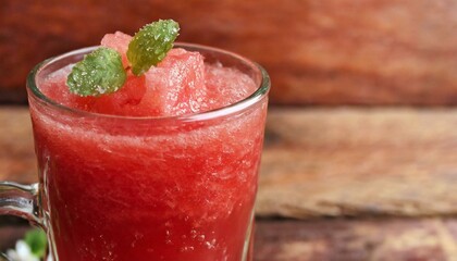 Watermelon juice on wooden background. Macro, close-up.
