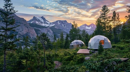 Immerse yourself in the rugged beauty of the great outdoors from the comfort of these sustainable sleep domes nestled a trees and mountains. 2d flat cartoon. - obrazy, fototapety, plakaty