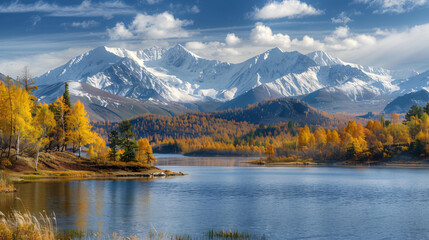 Beautiful lake in autumn Altai mountains Siberia  - obrazy, fototapety, plakaty