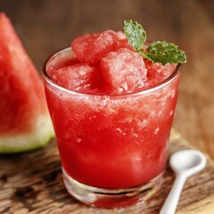 Watermelon juice on wooden background. Macro, Closeup.
