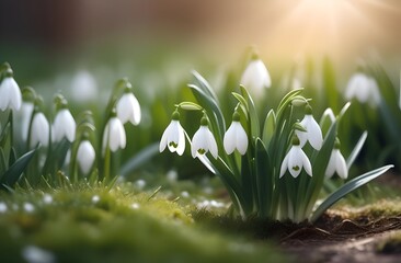 First flowers snowdrops sunbeam with space for text