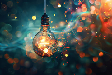 A solitary lightbulb hangs suspended from the ceiling, its filament glowing softly with a warm, golden light. Around the lightbulb, a flurry of colorful thought bubbles and abstract shapes