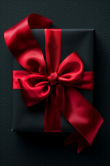 Festive Black Friday surprise! Top view black gift box, adorned with vibrant red ribbon. AI generated image