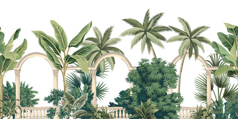 Tropical vintage botanical palm trees, banana tree, green plants, arch garden seamless border white background. Exotic jungle wallpaper.
